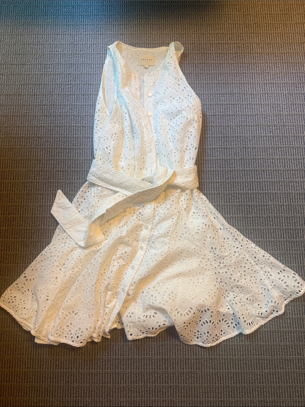 Sezane white lined crochet mini dress fit and flare button front with tie 34